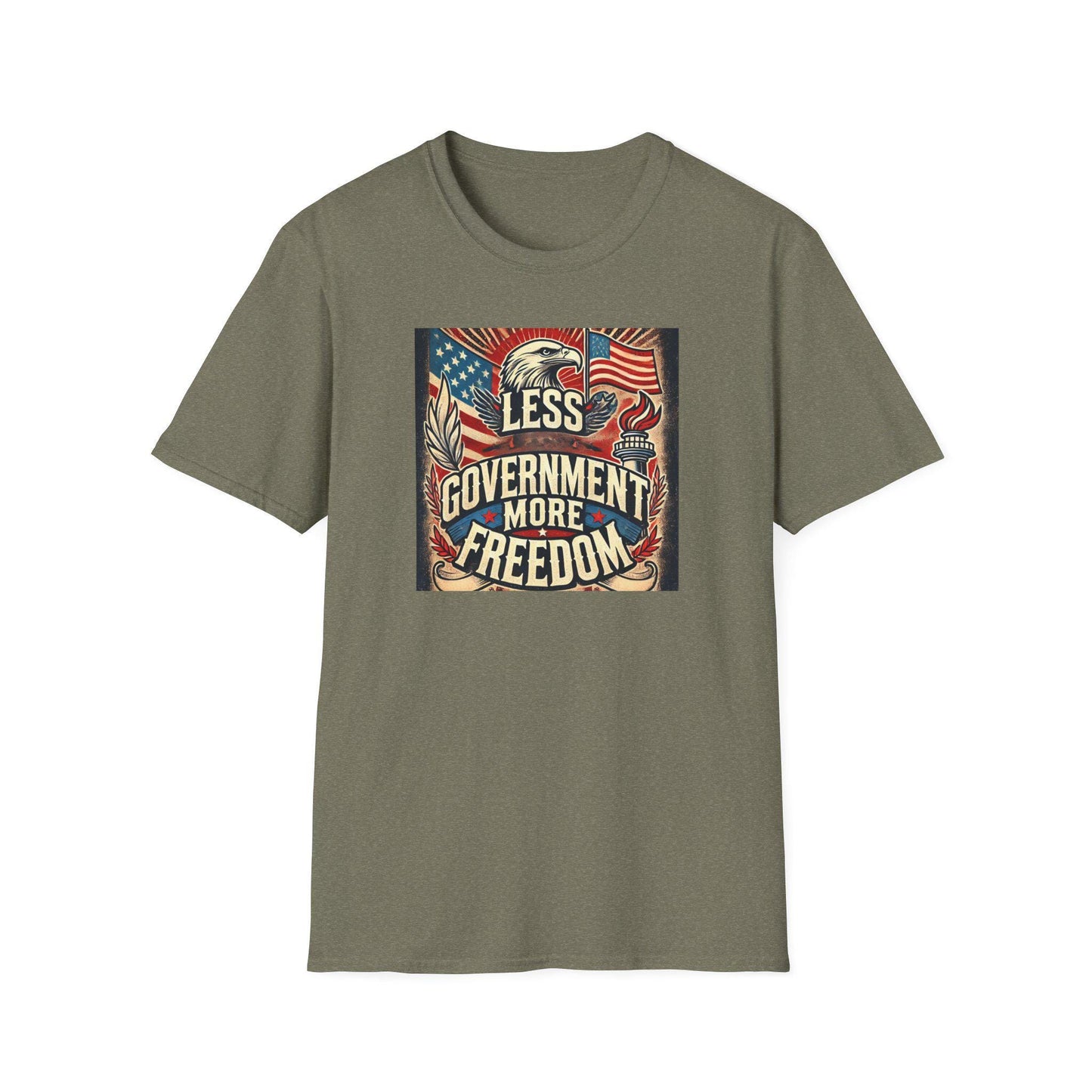 Heather military green t-shirt featuring vintage patriotic &#39;Less Government More Freedom&#39; design with American flag, bald eagle, and torch — rugged conservative graphic tee for liberty-loving Americans.