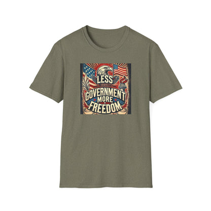 Heather military green t-shirt featuring vintage patriotic &#39;Less Government More Freedom&#39; design with American flag, bald eagle, and torch — rugged conservative graphic tee for liberty-loving Americans.