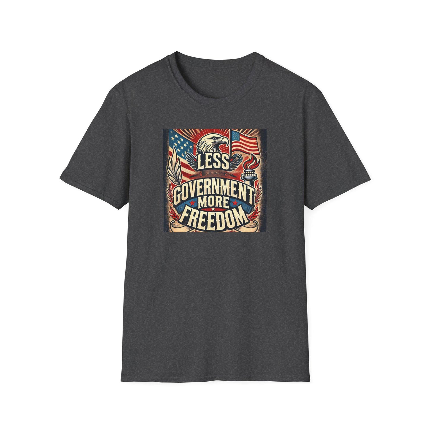Dark heather t-shirt with bold vintage-style &#39;Less Government More Freedom&#39; graphic featuring American flag, bald eagle, torch, and patriotic elements — ideal conservative apparel for liberty-minded individuals.