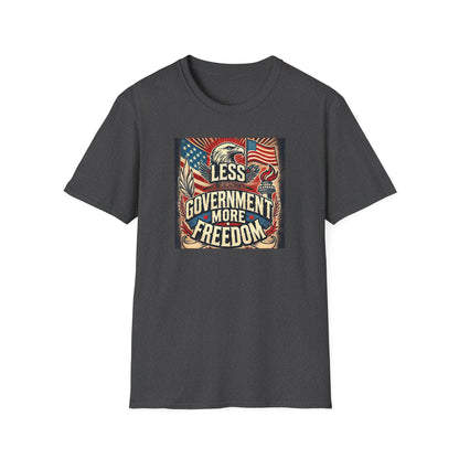 Dark heather t-shirt with bold vintage-style &#39;Less Government More Freedom&#39; graphic featuring American flag, bald eagle, torch, and patriotic elements — ideal conservative apparel for liberty-minded individuals.