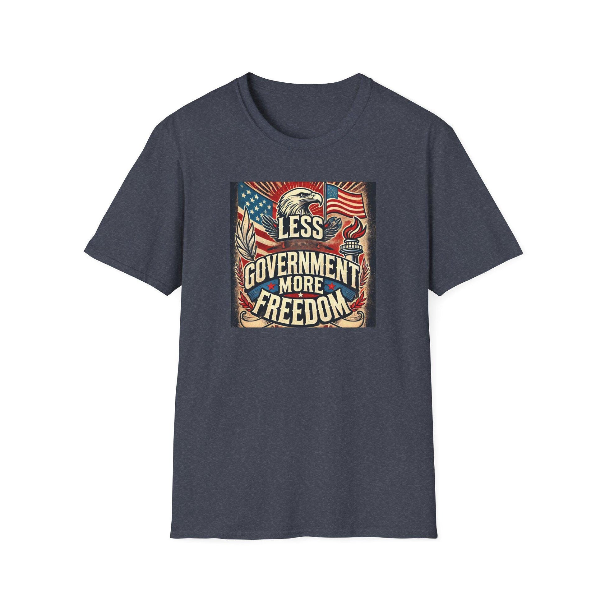 Heather navy t-shirt with vintage &#39;Less Government More Freedom&#39; design featuring American flag, bald eagle, and torch — patriotic conservative apparel perfect for expressing liberty and independence.