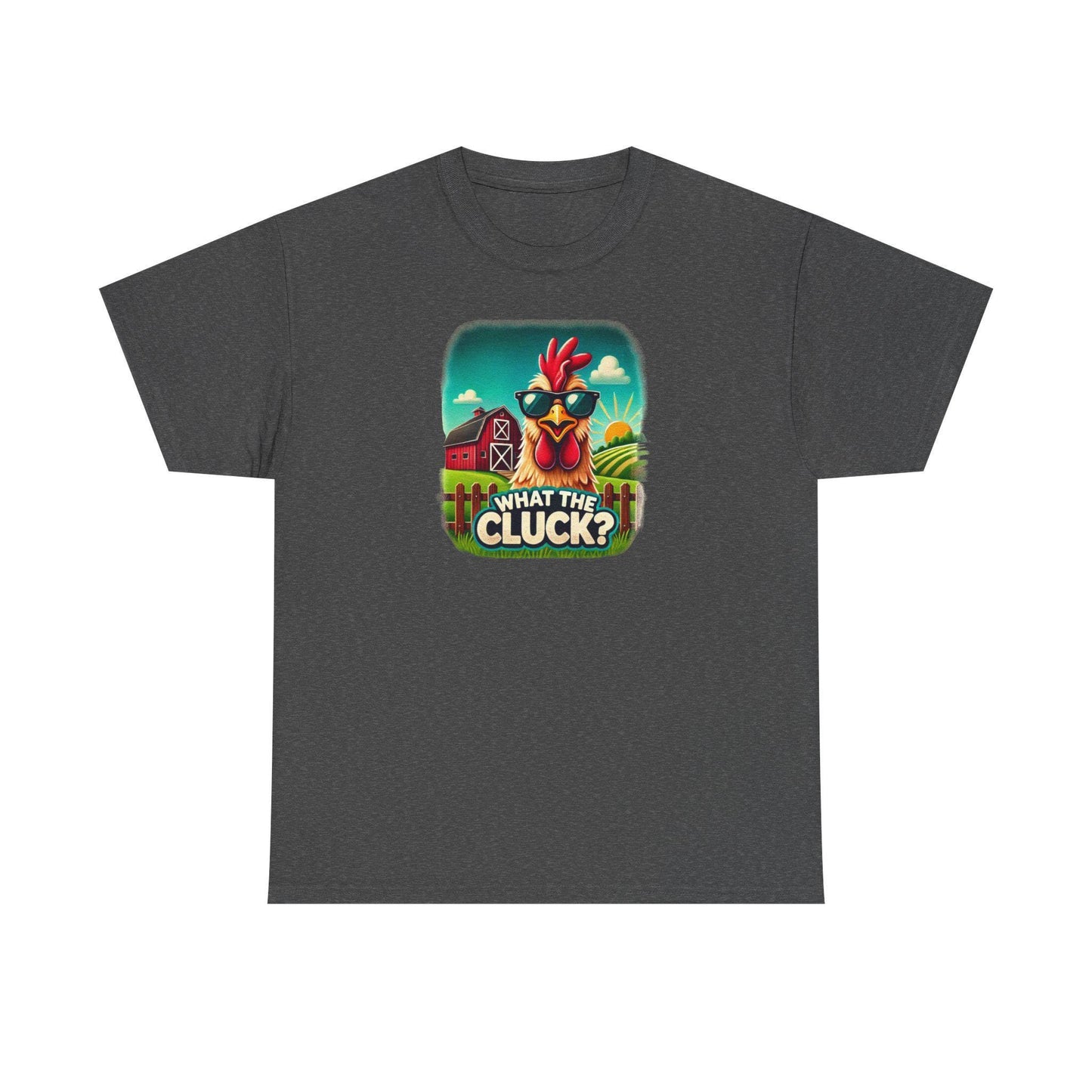 Dark heather gray unisex t-shirt featuring a vibrant cartoon illustration of a chicken wearing sunglasses, with a red barn and sunny farmland in the background, and the humorous phrase &quot;What the Cluck?&quot; printed below.