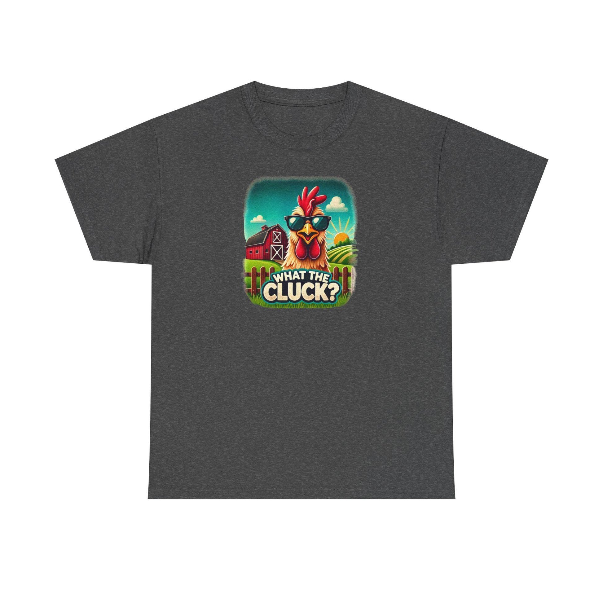 Dark heather gray unisex t-shirt featuring a vibrant cartoon illustration of a chicken wearing sunglasses, with a red barn and sunny farmland in the background, and the humorous phrase &quot;What the Cluck?&quot; printed below.