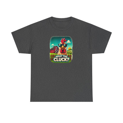 Dark heather gray unisex t-shirt featuring a vibrant cartoon illustration of a chicken wearing sunglasses, with a red barn and sunny farmland in the background, and the humorous phrase &quot;What the Cluck?&quot; printed below.