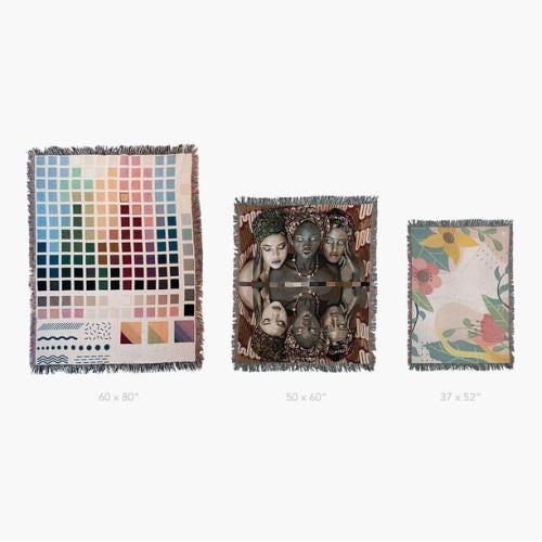 Three woven blankets displayed side by side to show size comparisons. From left to right: a large 60x80 inch blanket featuring a colorful grid of swatches, a medium 50x60 inch blanket with a portrait of five women with varied hairstyles and accessories, and a small 37x52 inch blanket with a floral design in soft pastel colors.