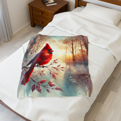 Cozy blanket with a vivid red cardinal design draped over a neatly made white bed, set in a bedroom with wooden furniture and soft natural light.