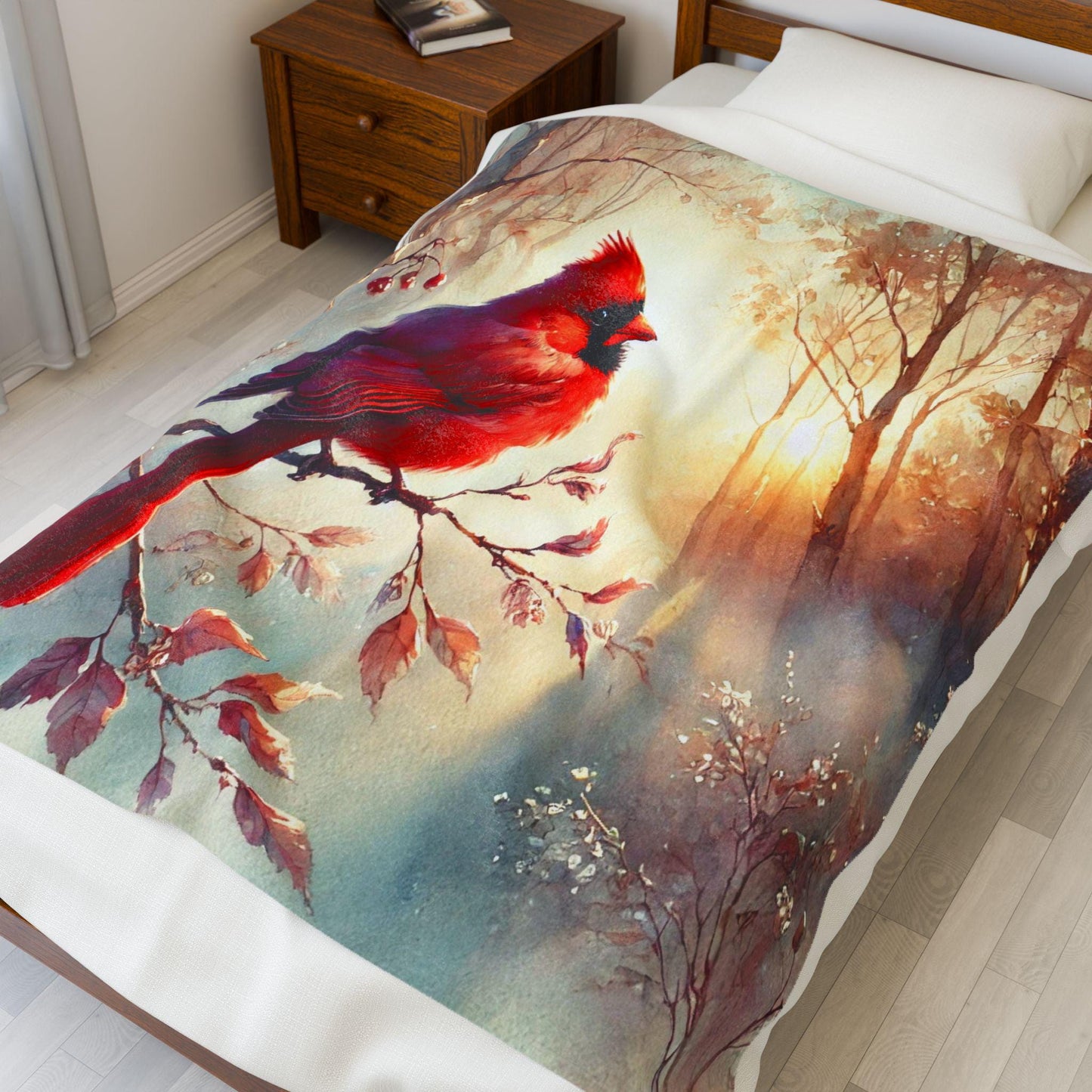 Bed covered with a blanket featuring a vibrant red cardinal perched on a branch, set against a soft, dreamy forest scene with sunlight filtering through the trees.