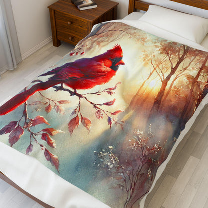 Bed covered with a blanket featuring a vibrant red cardinal perched on a branch, set against a soft, dreamy forest scene with sunlight filtering through the trees.