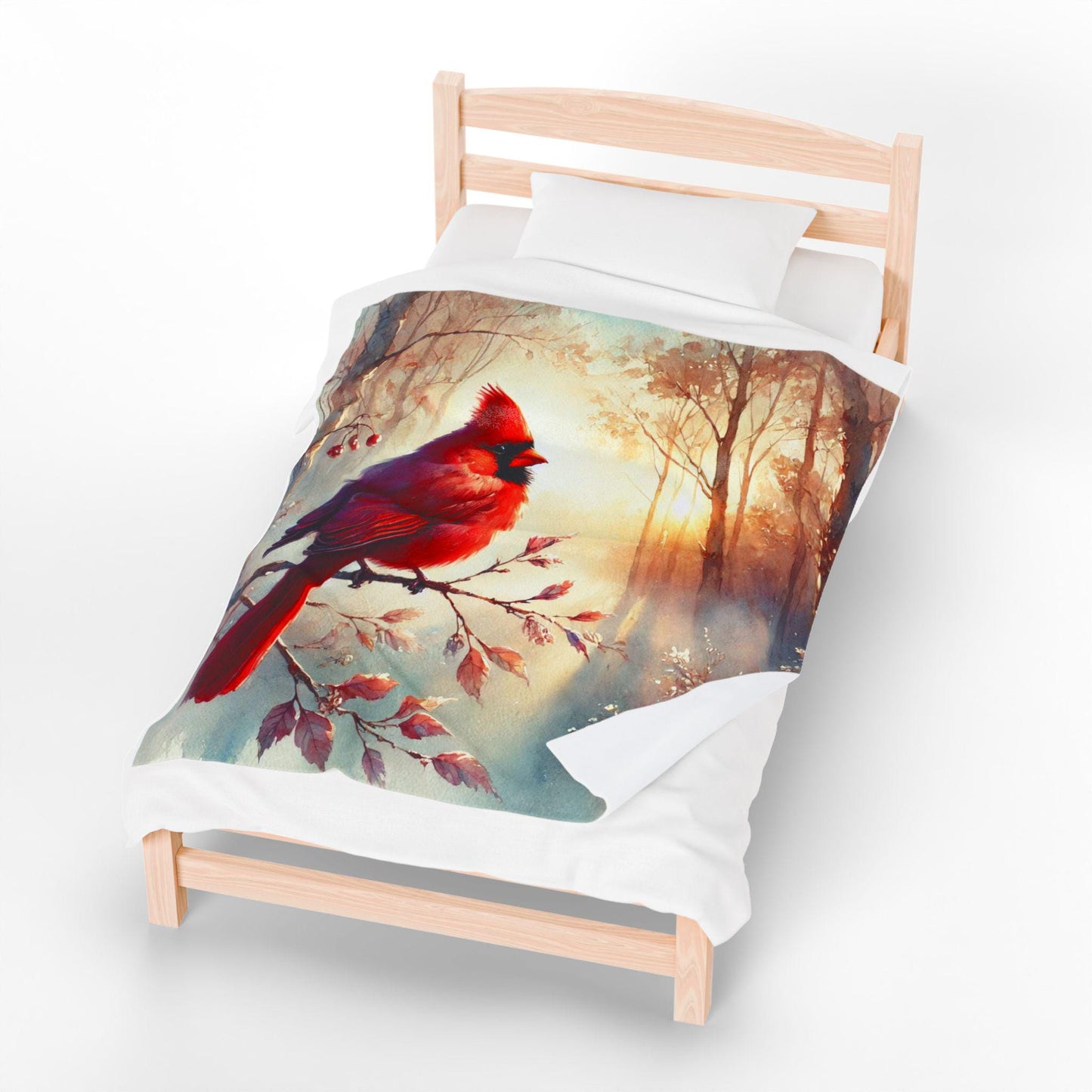 Wooden bed with white bedding, covered by a blanket showcasing a vibrant red cardinal perched on a branch, set against a dreamy forest background with sunlight streaming through the trees.