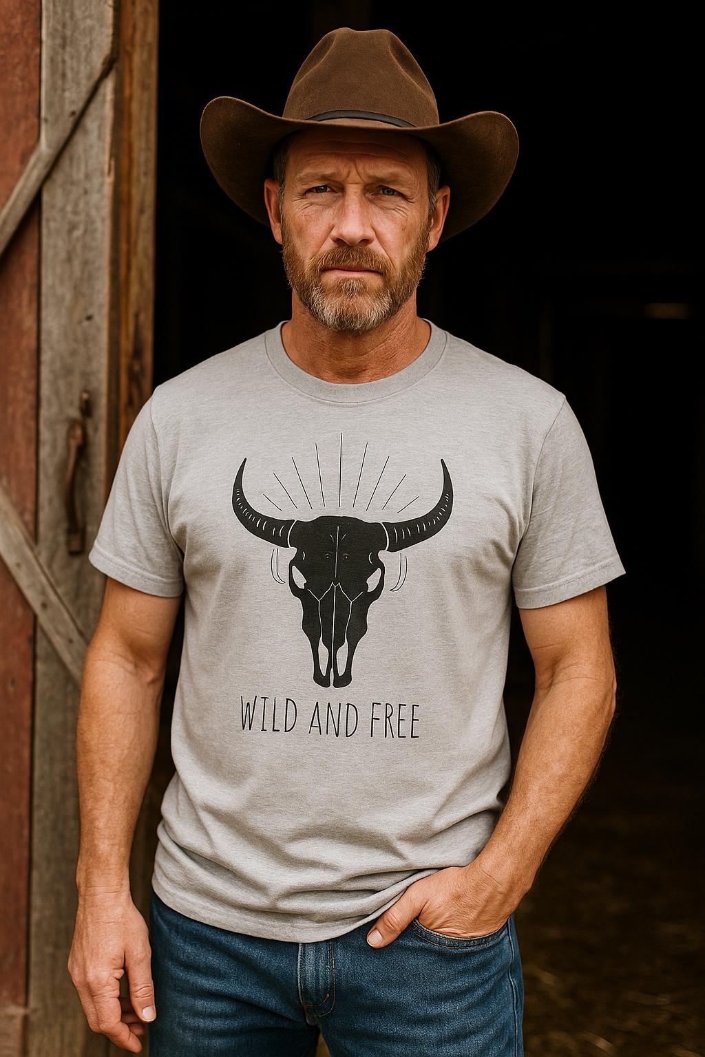 Man standing in a barn doorway wearing a brown cowboy hat, blue jeans, and a light gray T-shirt. The shirt features a large graphic of a bull skull with decorative lines above it and the text “WILD AND FREE” below. He has one hand in his pocket and a serious expression.