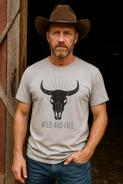 Man standing in a barn doorway wearing a brown cowboy hat, blue jeans, and a light gray T-shirt. The shirt features a large graphic of a bull skull with decorative lines above it and the text “WILD AND FREE” below. He has one hand in his pocket and a serious expression.