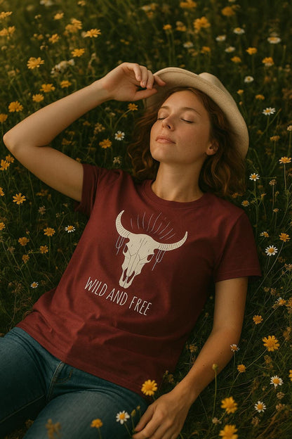 Woman lying in a field of yellow and white wildflowers with her eyes closed, wearing a light hat, blue jeans, and a maroon T-shirt. The shirt features a graphic of a bull skull with decorative lines above it and the text “WILD AND FREE” below.