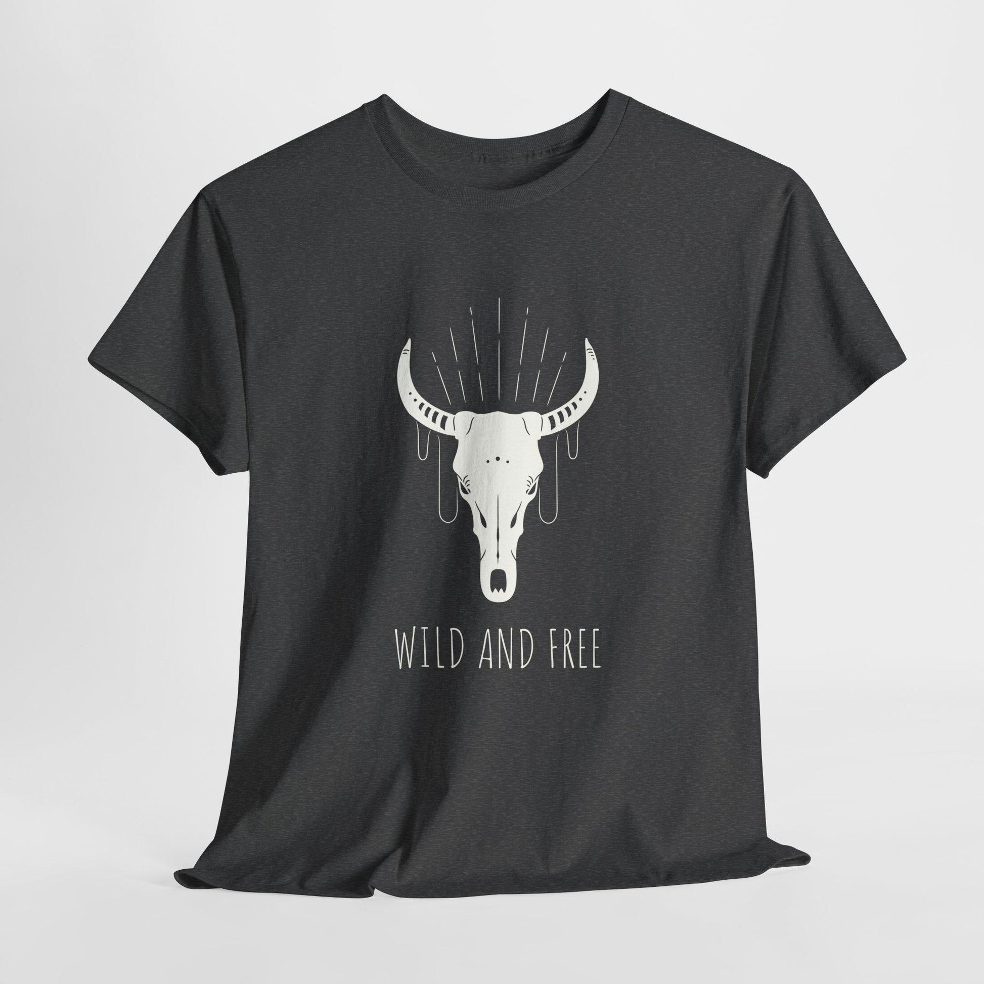 Dark gray T-shirt displayed against a plain light background. The shirt features a large white graphic of a bull skull with decorative lines above it and the text “WILD AND FREE” printed below.