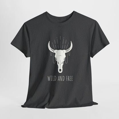 Dark gray T-shirt displayed against a plain light background. The shirt features a large white graphic of a bull skull with decorative lines above it and the text “WILD AND FREE” printed below.