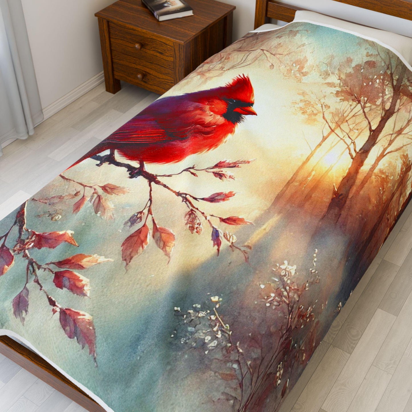 Bed topped with a blanket featuring a vivid red cardinal on a branch, with a dreamy forest background illuminated by warm sunlight.