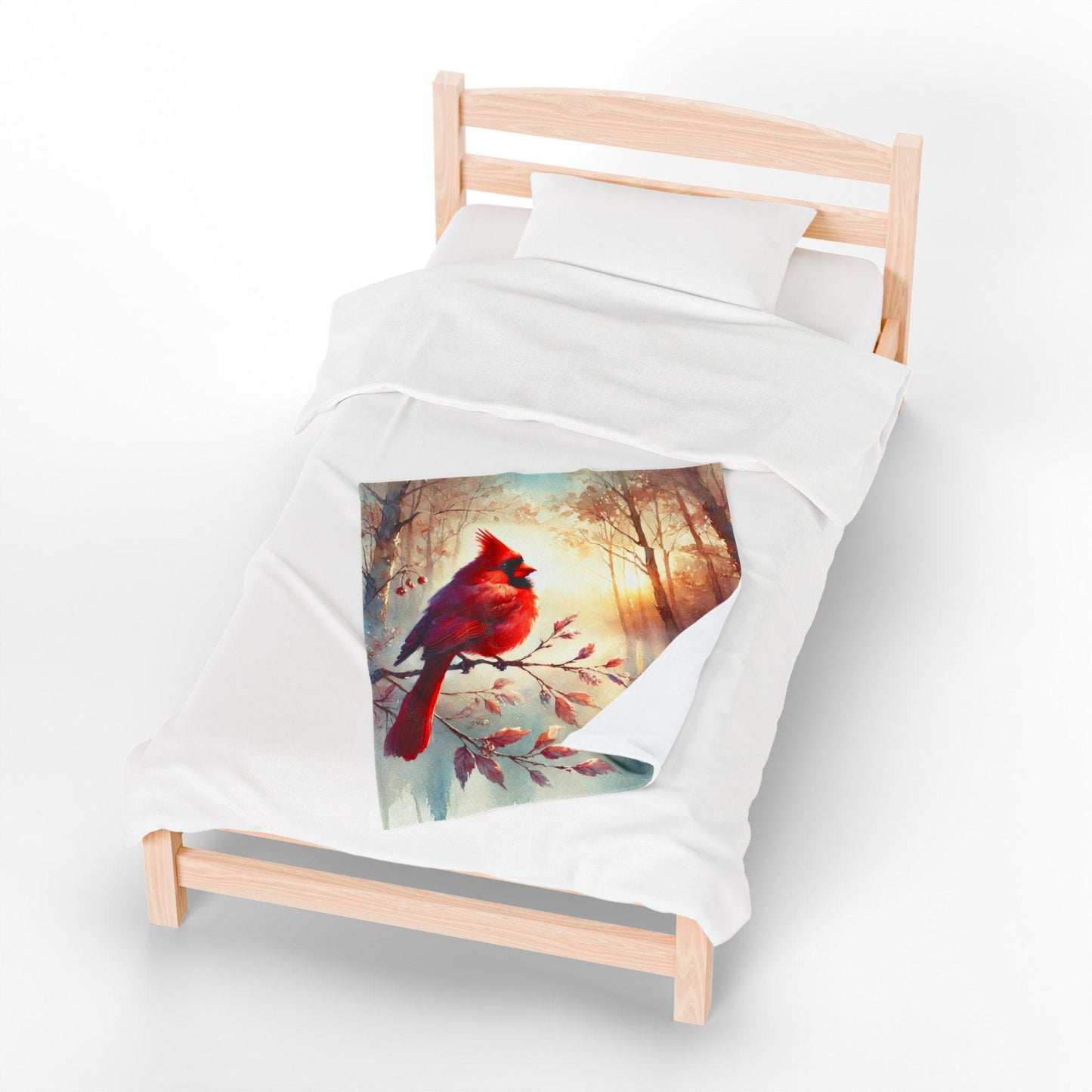 Wooden bed with white bedding, topped with a folded blanket featuring a vibrant red cardinal perched on a branch against a dreamy forest backdrop with sunlight streaming through the trees.