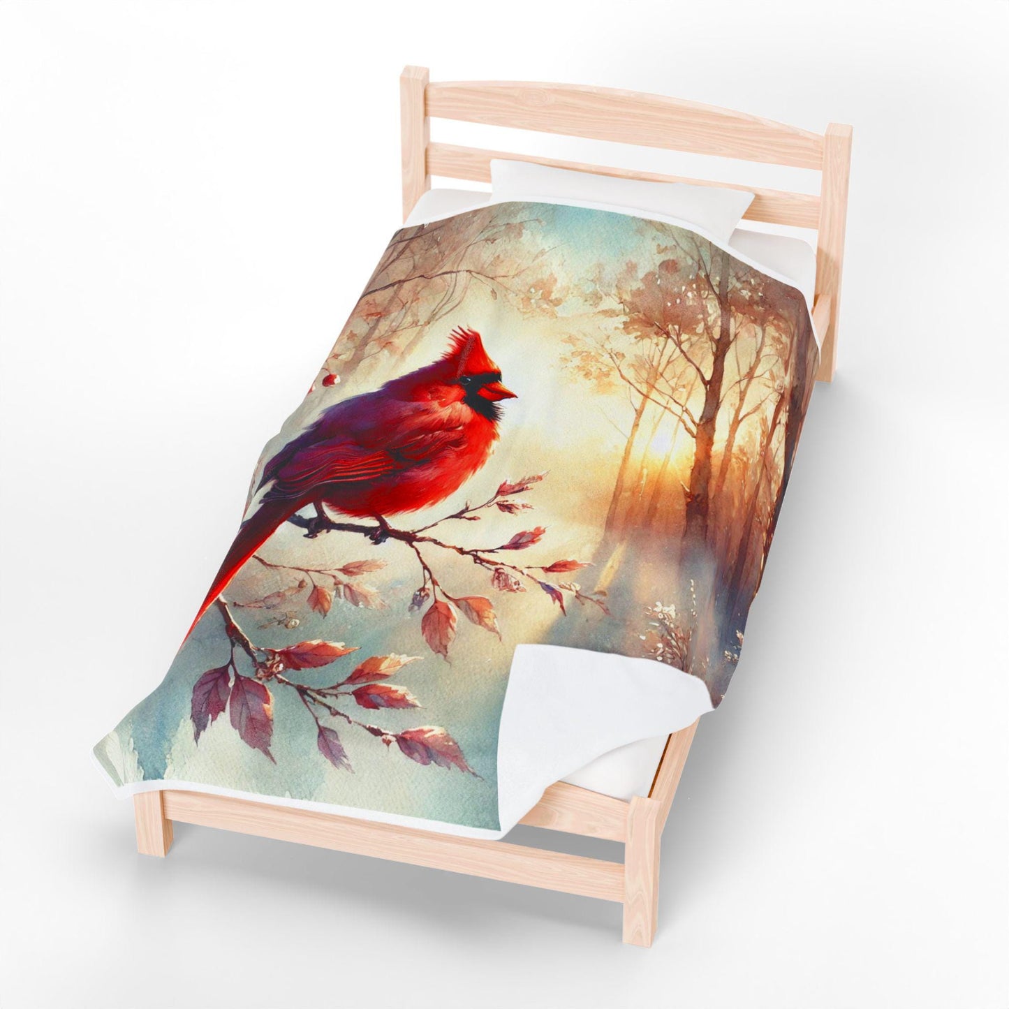 Wooden bed with white bedding, draped with a blanket featuring a vivid red cardinal perched on a branch, set against a dreamy forest scene with golden sunlight streaming through the trees.