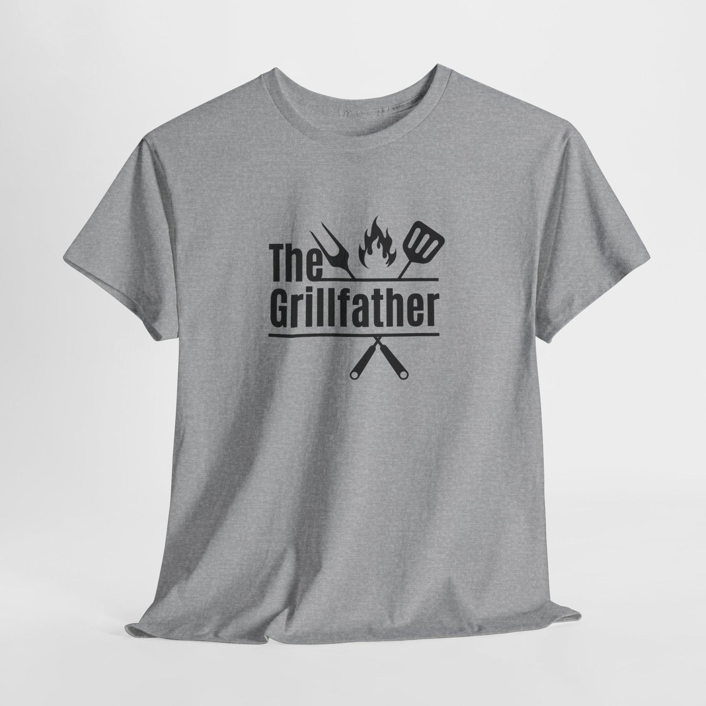 Gray T-shirt displayed against a plain background with the phrase “The Grillfather” in bold black text, featuring grilling icons including a fork, flame, and spatula above crossed utensils.