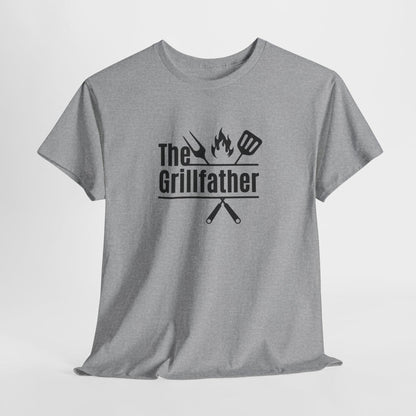 Gray T-shirt displayed against a plain background with the phrase “The Grillfather” in bold black text, featuring grilling icons including a fork, flame, and spatula above crossed utensils.