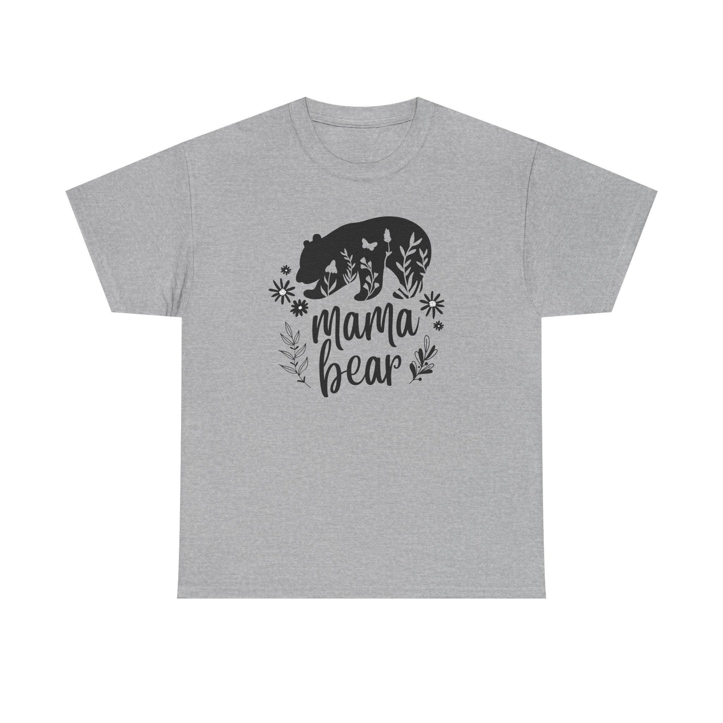 Beige t-shirt laid flat on a white background, featuring a bold black &#39;Mama Bear&#39; graphic. The design includes a silhouette of a bear filled with floral and butterfly elements, with the words &#39;mama bear&#39; written below and surrounded by decorative leaves and flowers.
