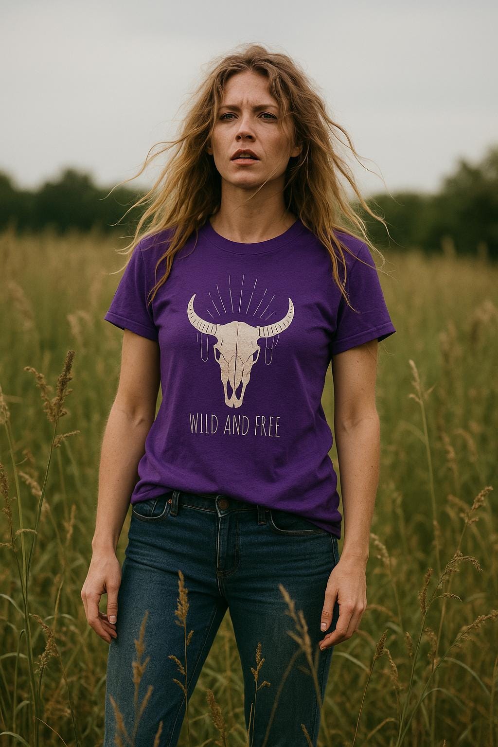 Woman standing in a grassy field wearing a purple T-shirt with a graphic of a bull skull and radiating decorative lines above it. The shirt also features the text “WILD AND FREE” below the design. She has long wavy hair, wears blue jeans, and has a serious expression.