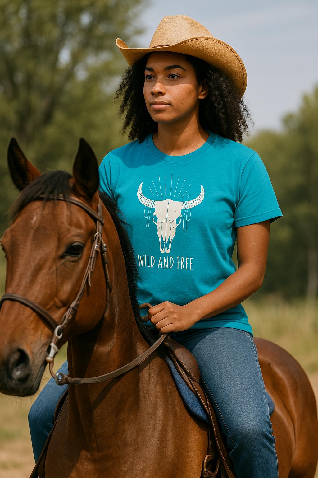 Woman riding a brown horse outdoors, wearing a straw cowboy hat and a teal T-shirt. The shirt features a graphic of a bull skull with decorative lines above it and the text “WILD AND FREE” below. She is also wearing blue jeans, and trees are visible in the background.