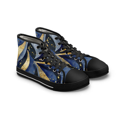 Pair of high-top canvas sneakers featuring a striking abstract design in navy blue, gold, and black with swirling shapes and dotted accents. The shoes have black rubber soles, black toe caps, and black laces, displayed on a white background.