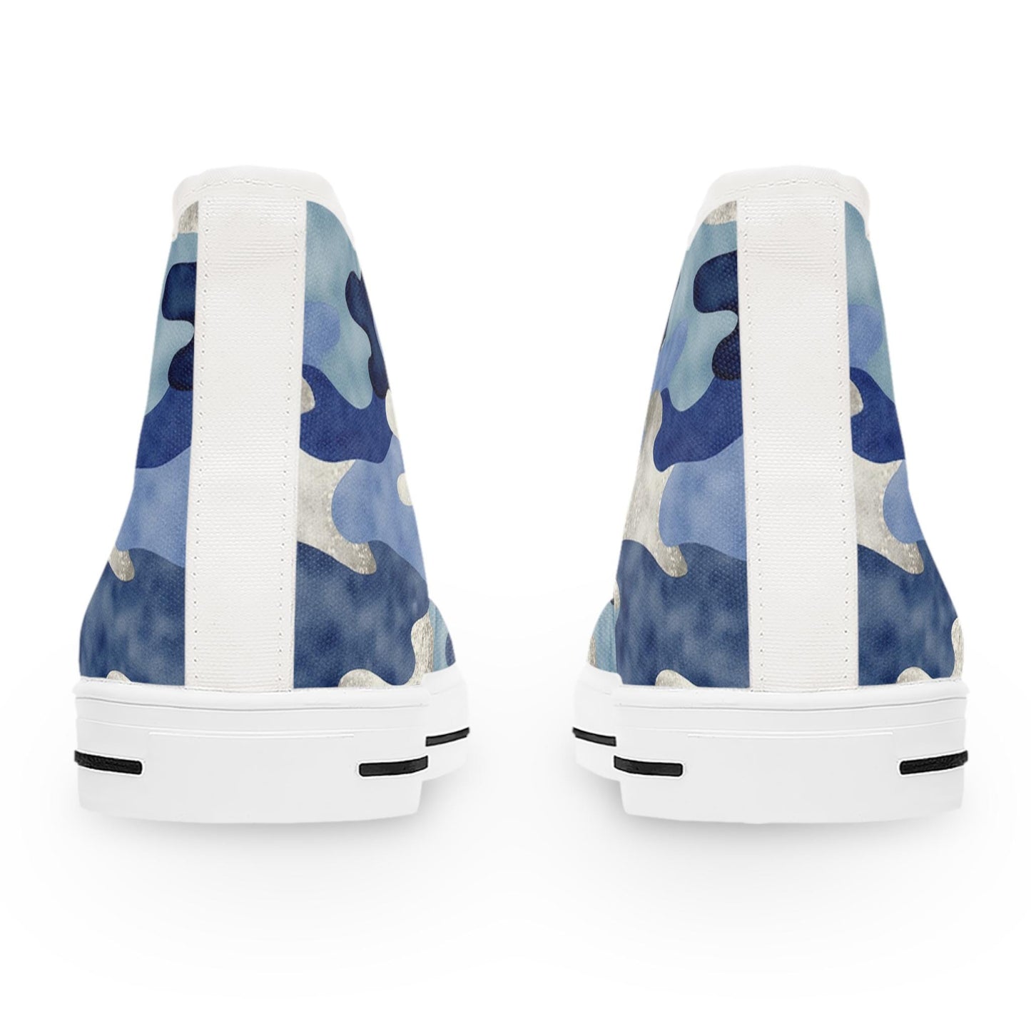 Rear view of a pair of high-top sneakers with a blue camouflage pattern featuring shades of navy, sky blue, and silver. The shoes have white heel tabs running vertically down the back and thick white rubber soles with black horizontal accents near the base. The background is plain white.