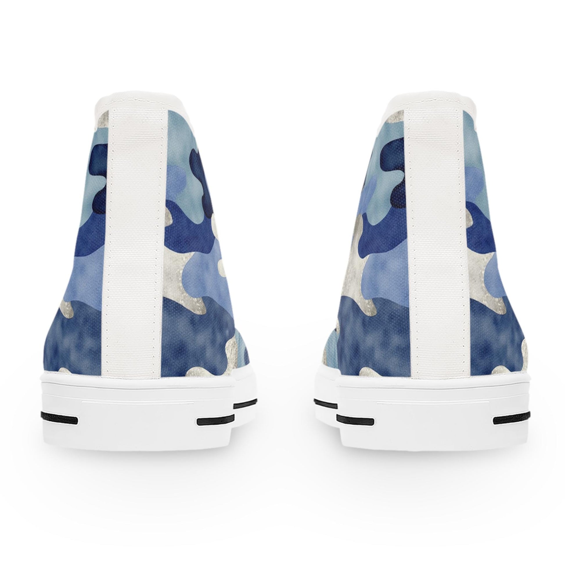 Rear view of a pair of high-top sneakers with a blue camouflage pattern featuring shades of navy, sky blue, and silver. The shoes have white heel tabs running vertically down the back and thick white rubber soles with black horizontal accents near the base. The background is plain white.