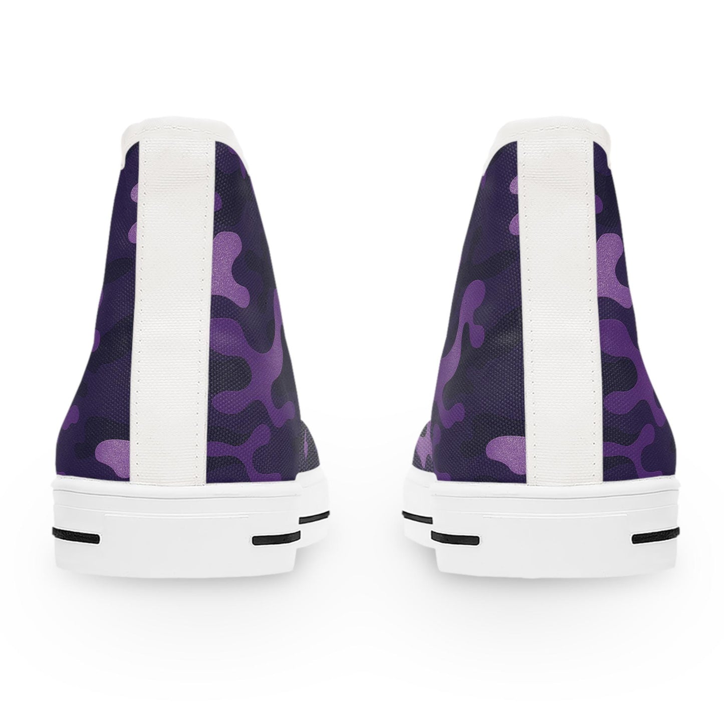 Rear view of a pair of high-top sneakers featuring a purple camouflage pattern. The shoes have a clean white heel stripe running vertically down the back, white soles with black accents, and a textured canvas material. The bold design combines a modern streetwear look with classic sneaker elements.