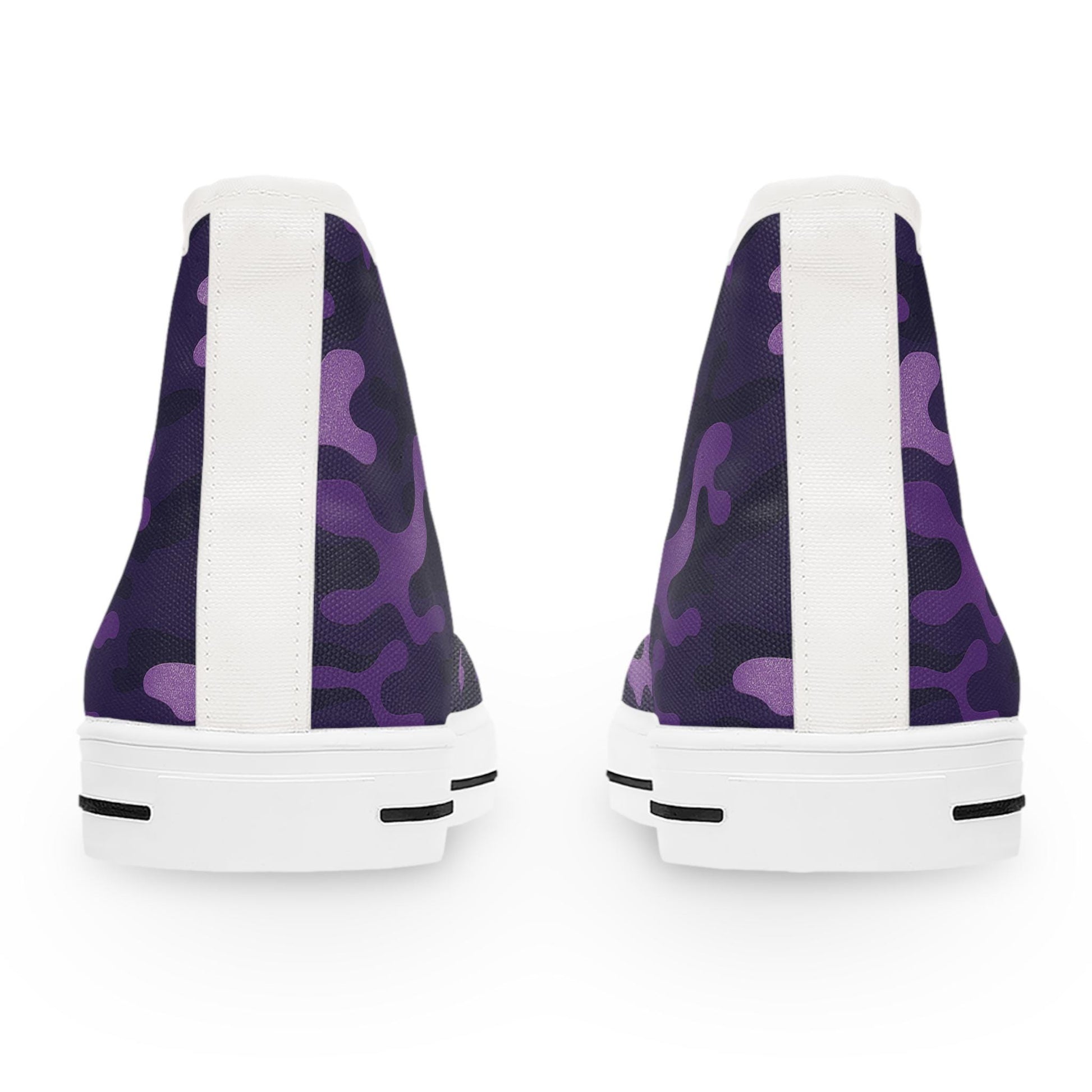 Rear view of a pair of high-top sneakers featuring a purple camouflage pattern. The shoes have a clean white heel stripe running vertically down the back, white soles with black accents, and a textured canvas material. The bold design combines a modern streetwear look with classic sneaker elements.