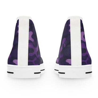 Rear view of a pair of high-top sneakers featuring a purple camouflage pattern. The shoes have a clean white heel stripe running vertically down the back, white soles with black accents, and a textured canvas material. The bold design combines a modern streetwear look with classic sneaker elements.