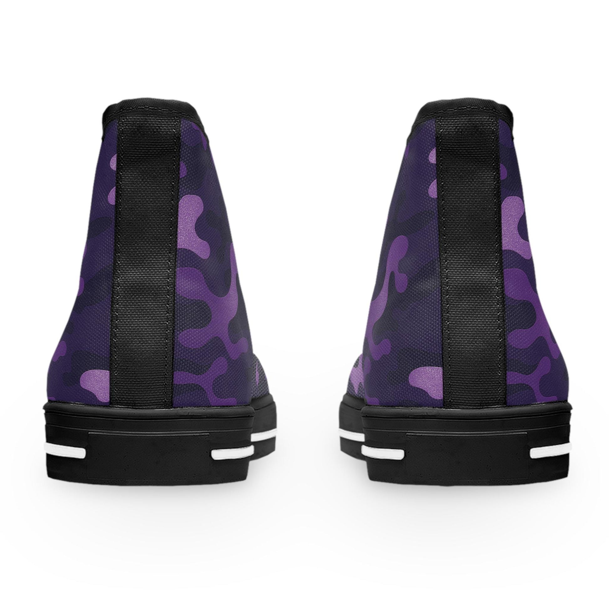 Rear view of a pair of high-top sneakers featuring a bold purple camouflage pattern. The shoes have a vertical black heel stripe, black soles with white accents, and a durable canvas texture. The design blends edgy streetwear style with classic high-top construction.