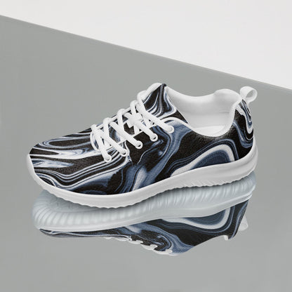 Stylish women&#39;s athletic sneaker featuring a black, white, and gray marble swirl design with white laces and a thick white sole. Lightweight and breathable with a modern aesthetic, perfect for gym workouts, casual wear, or everyday walking shoes with a bold artistic twist.