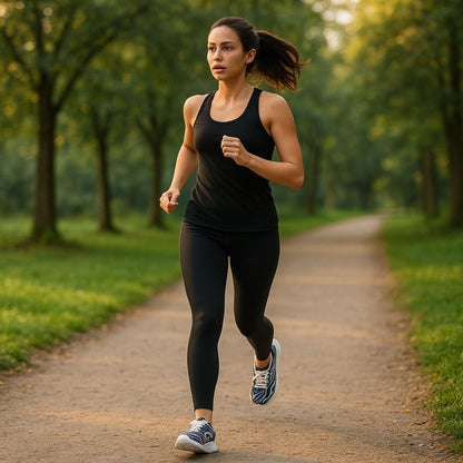 Athletic woman jogging on a tree-lined trail in a park wearing black leggings, a black tank top, and abstract black and white running shoes. Early morning workout in nature, promoting fitness, healthy lifestyle, and outdoor exercise routines for women.