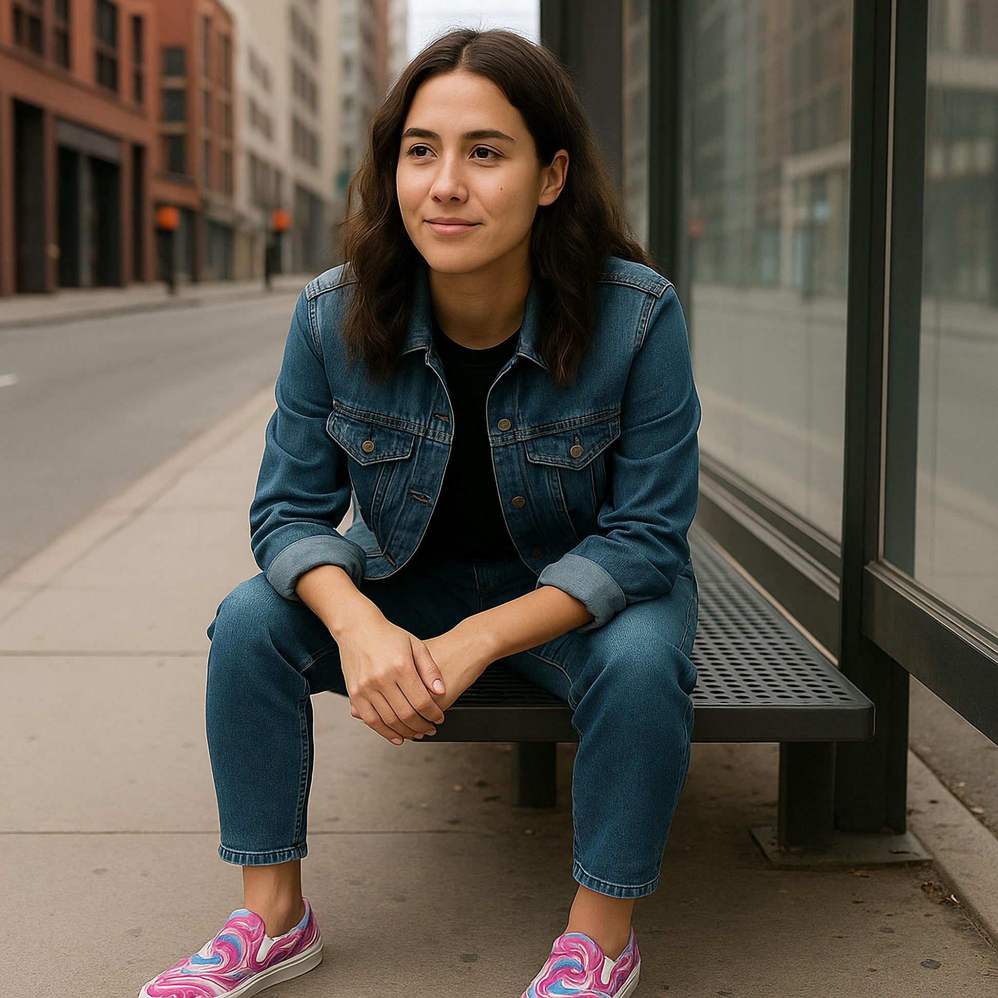 A young woman wearing a denim jacket and jeans sits on a bench at a city bus stop. She has dark hair and a relaxed expression. She is wearing slip-on sneakers with a vibrant pink, purple, and blue marbled swirl design. The street and buildings in the background appear quiet and empty.