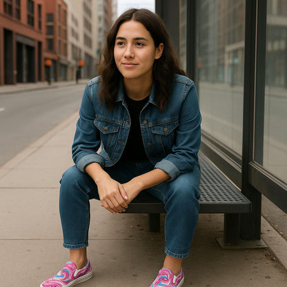 A young woman wearing a denim jacket and jeans sits on a bench at a city bus stop. She has dark hair and a relaxed expression. She is wearing slip-on sneakers with a vibrant pink, purple, and blue marbled swirl design. The street and buildings in the background appear quiet and empty.