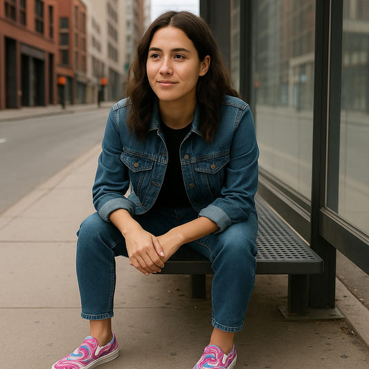 A young woman wearing a denim jacket and jeans sits on a bench at a city bus stop. She has dark hair and a relaxed expression. She is wearing slip-on sneakers with a vibrant pink, purple, and blue marbled swirl design. The street and buildings in the background appear quiet and empty.