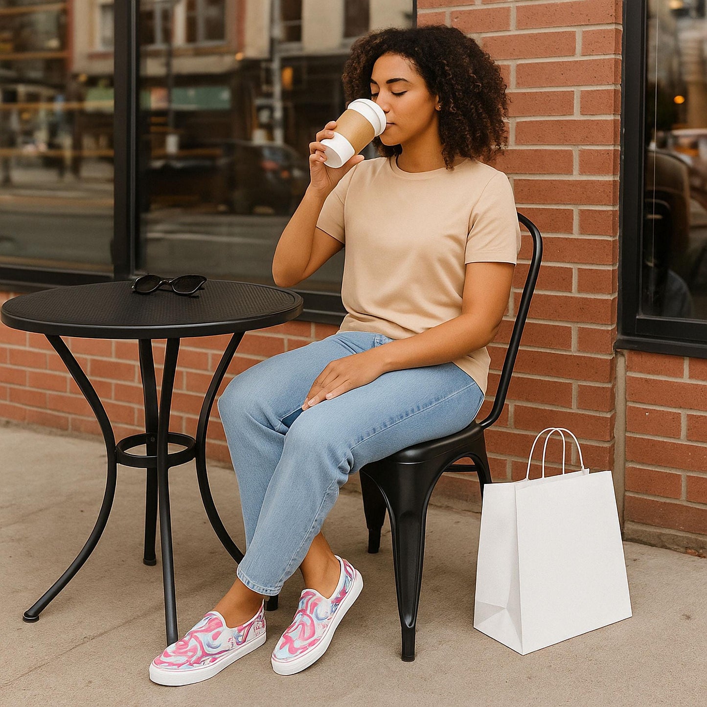 A woman sits outside a café, sipping from a takeaway coffee cup. She is wearing a beige t-shirt, light blue jeans, and colorful slip-on sneakers with a pink, blue, and white marbled swirl pattern. A pair of sunglasses rests on the black café table beside her, and a white shopping bag sits on the ground next to her chair. The background features a brick wall and a window reflecting the street scene.