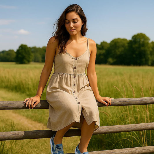 Young woman in a sleeveless beige linen dress and blue camo slip-on sneakers sitting on a wooden fence in a sunny countryside field.