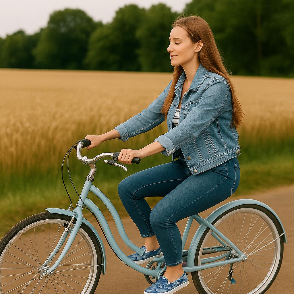 Blue camo slip-on canvas sneakers with white soles worn by woman riding pastel blue bicycle in denim jacket and skinny jeans on a country road.
