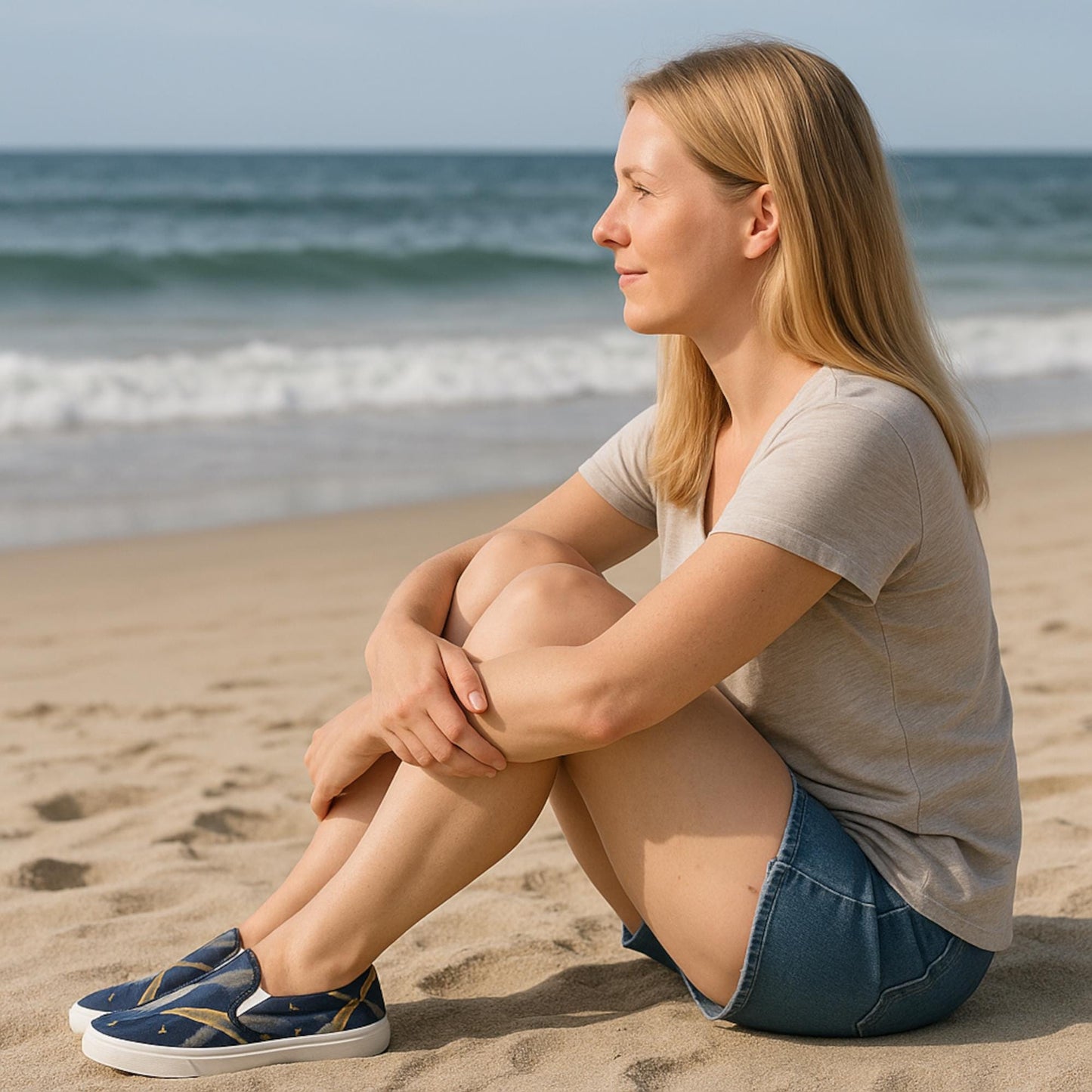 A woman sits peacefully on a sandy beach with her knees drawn up and arms resting on them, gazing out at the ocean waves. She is wearing a light beige t-shirt, denim shorts, and slip-on shoes featuring a celestial-themed design in blue and gold. The scene is calm and sunlit, with the sea and sky creating a serene backdrop.