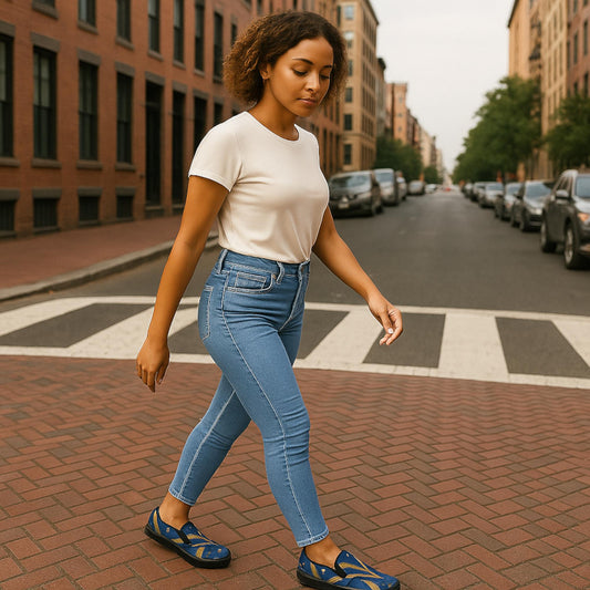 A woman walks confidently across a city crosswalk wearing a fitted cream t-shirt, high-waisted blue jeans, and celestial-themed blue Mary Jane shoes with gold accents. The street is lined with brick buildings and parked cars, creating an urban backdrop. Her expression is calm and focused as she moves through the city environment.