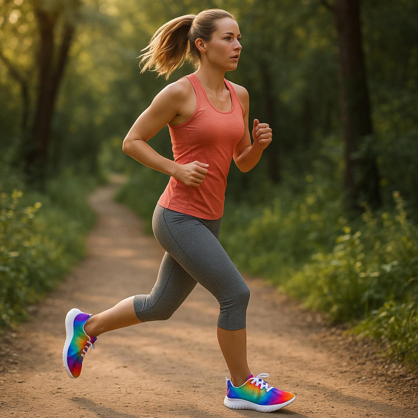 Woman jogging on a forest trail wearing a coral tank top, gray leggings, and colorful tie dye running shoes, enjoying an early morning workout in nature.