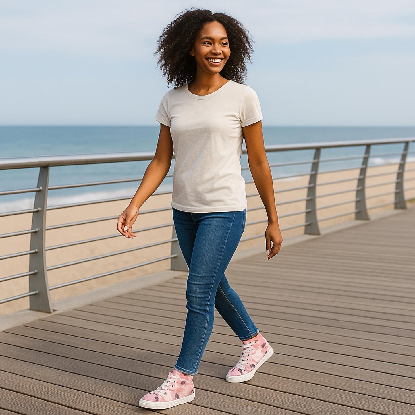 A young woman with curly hair is walking along a boardwalk by the beach, smiling and enjoying a sunny day. She is wearing a light beige t-shirt, fitted blue jeans, and pink camo high-top sneakers. The ocean and sandy beach are visible in the background.