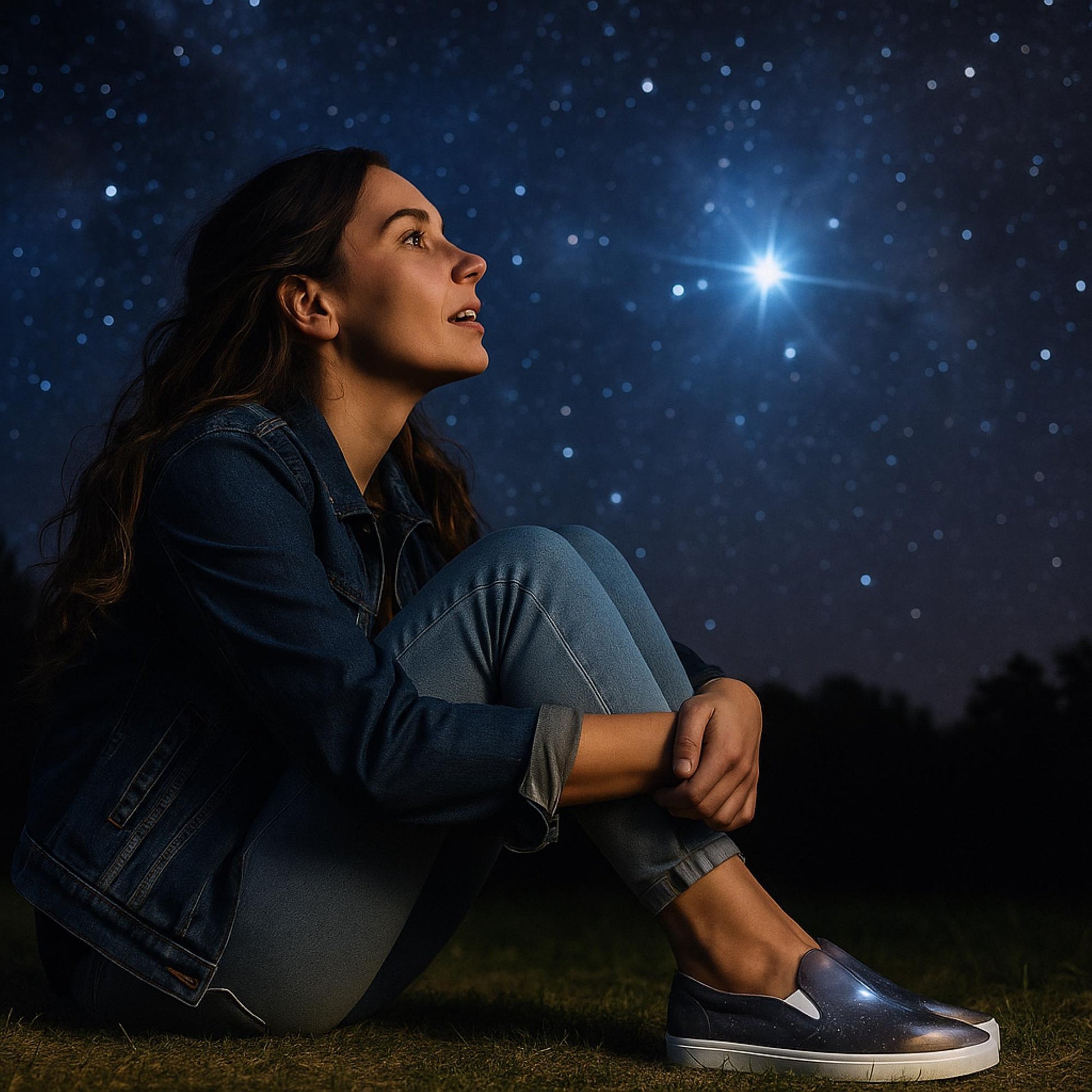 Woman sitting on grass at night, gazing up at a star-filled sky with a bright star shining above. She is wearing a denim jacket, light blue jeans, and galaxy-themed slip-on sneakers with white soles. The scene captures a peaceful, stargazing moment in a natural outdoor setting.