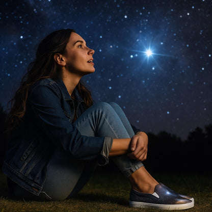 Woman sitting on grass at night, gazing up at a star-filled sky with a bright star shining above. She is wearing a denim jacket, light blue jeans, and galaxy-themed slip-on sneakers with white soles. The scene captures a peaceful, stargazing moment in a natural outdoor setting.