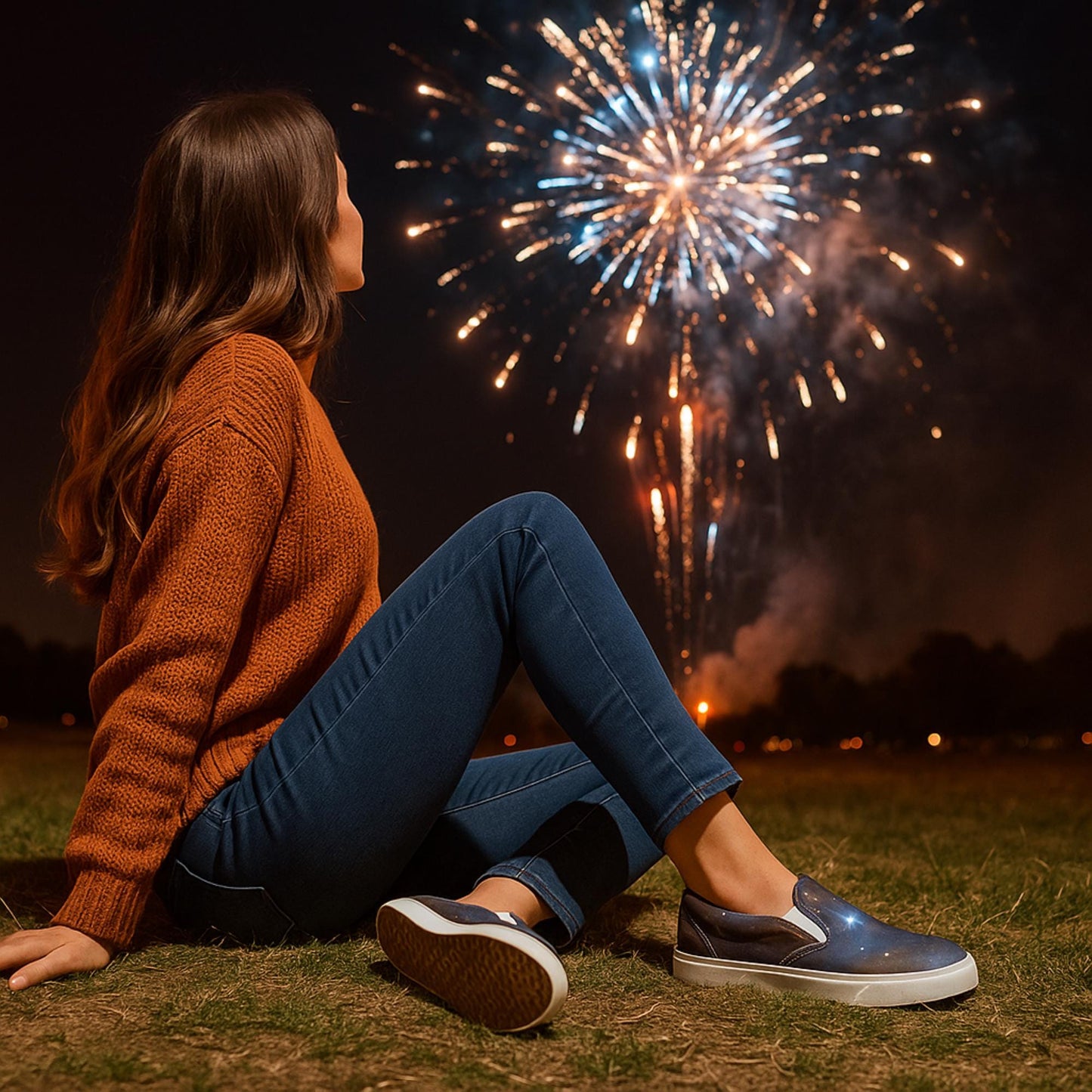 Woman sitting on grass at night watching a vibrant fireworks display. She is wearing a rust-colored knit sweater, blue skinny jeans, and galaxy-themed slip-on sneakers with white soles. The background features a dark sky illuminated by colorful fireworks and silhouettes of trees.