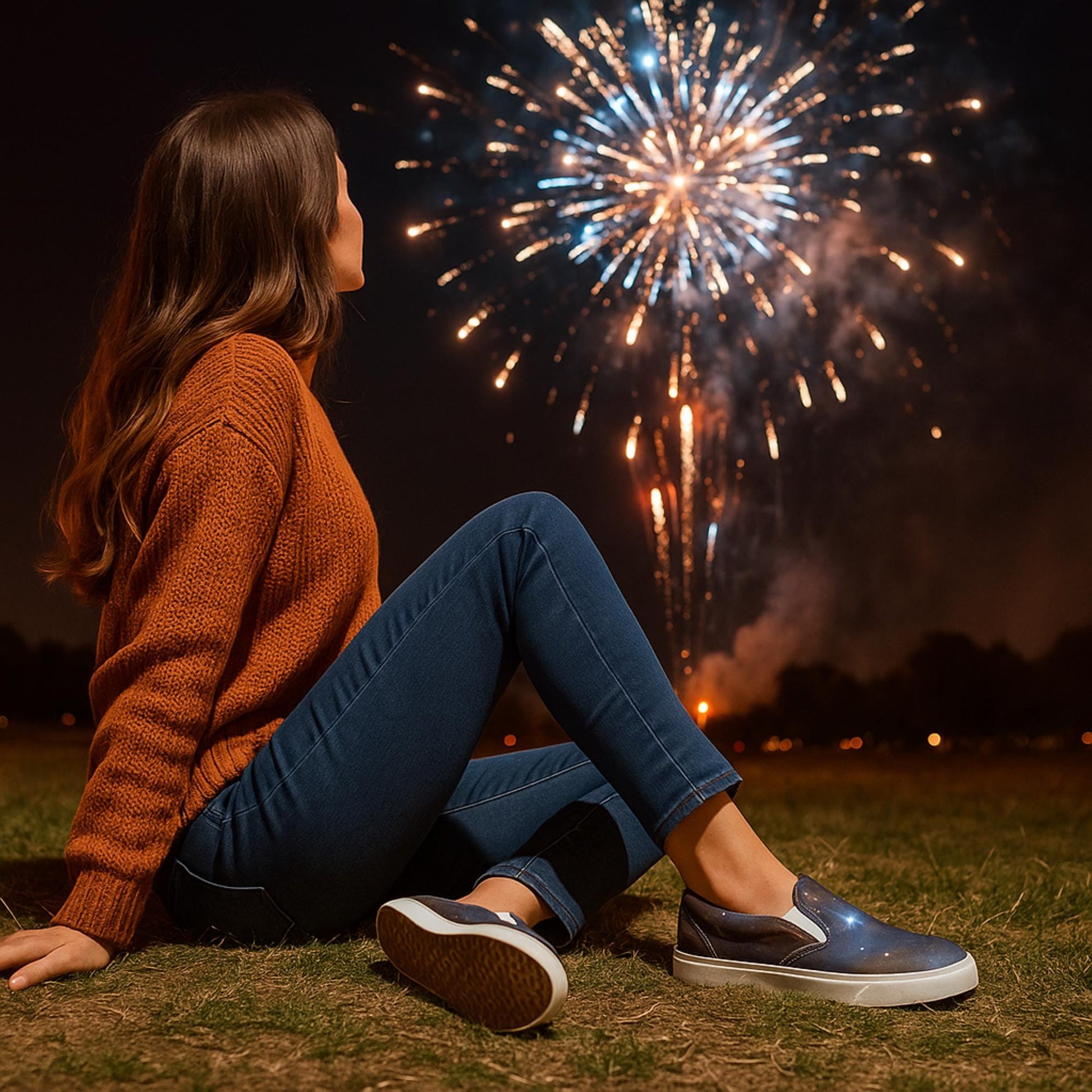 Woman sitting on grass at night watching a vibrant fireworks display. She is wearing a rust-colored knit sweater, blue skinny jeans, and galaxy-themed slip-on sneakers with white soles. The background features a dark sky illuminated by colorful fireworks and silhouettes of trees.