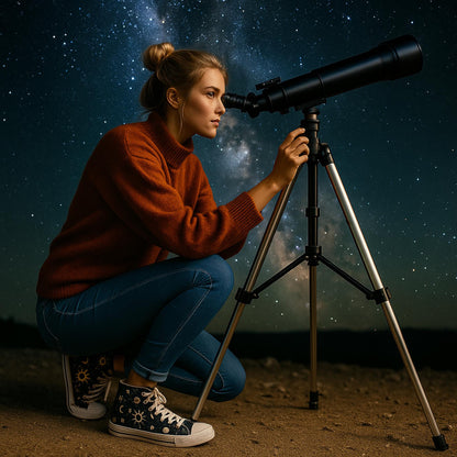 A young woman is crouched down at night, looking through a telescope under a starry sky with the Milky Way visible in the background. She is wearing a rust-colored sweater, blue jeans, and black high-top sneakers decorated with celestial designs like suns, moons, and stars. The scene captures a peaceful moment of stargazing in a remote, clear-skied location.